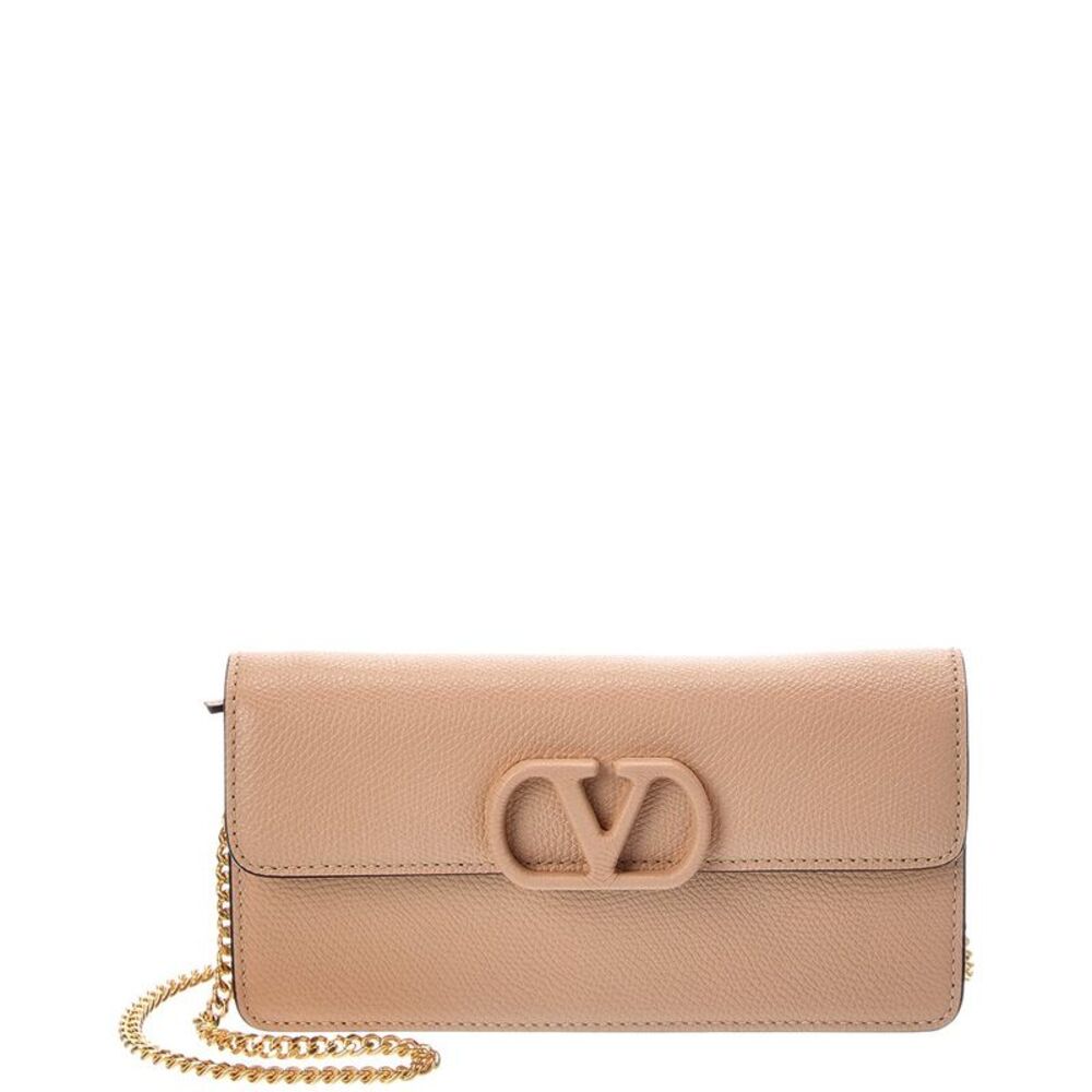 Valentino Vlogo Leather Wallet On Chain, Beige